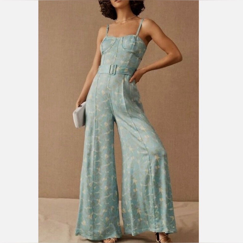 Light Blue Floral Wide-Leg Jumpsuit with Belt